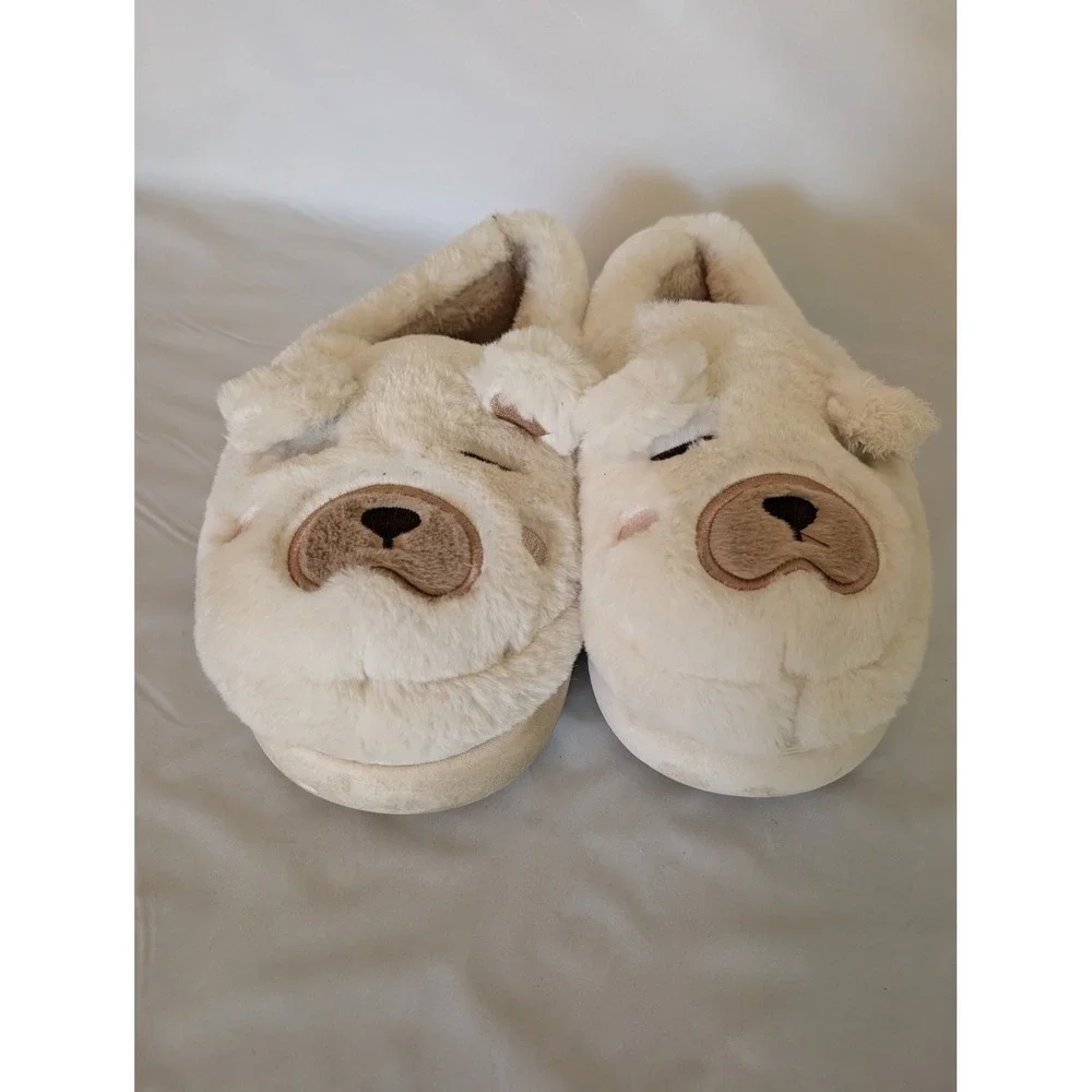 Kids Cream Fuzzy Plush Bear Slippers Faux Fur Animal Face House Shoes Size 5
